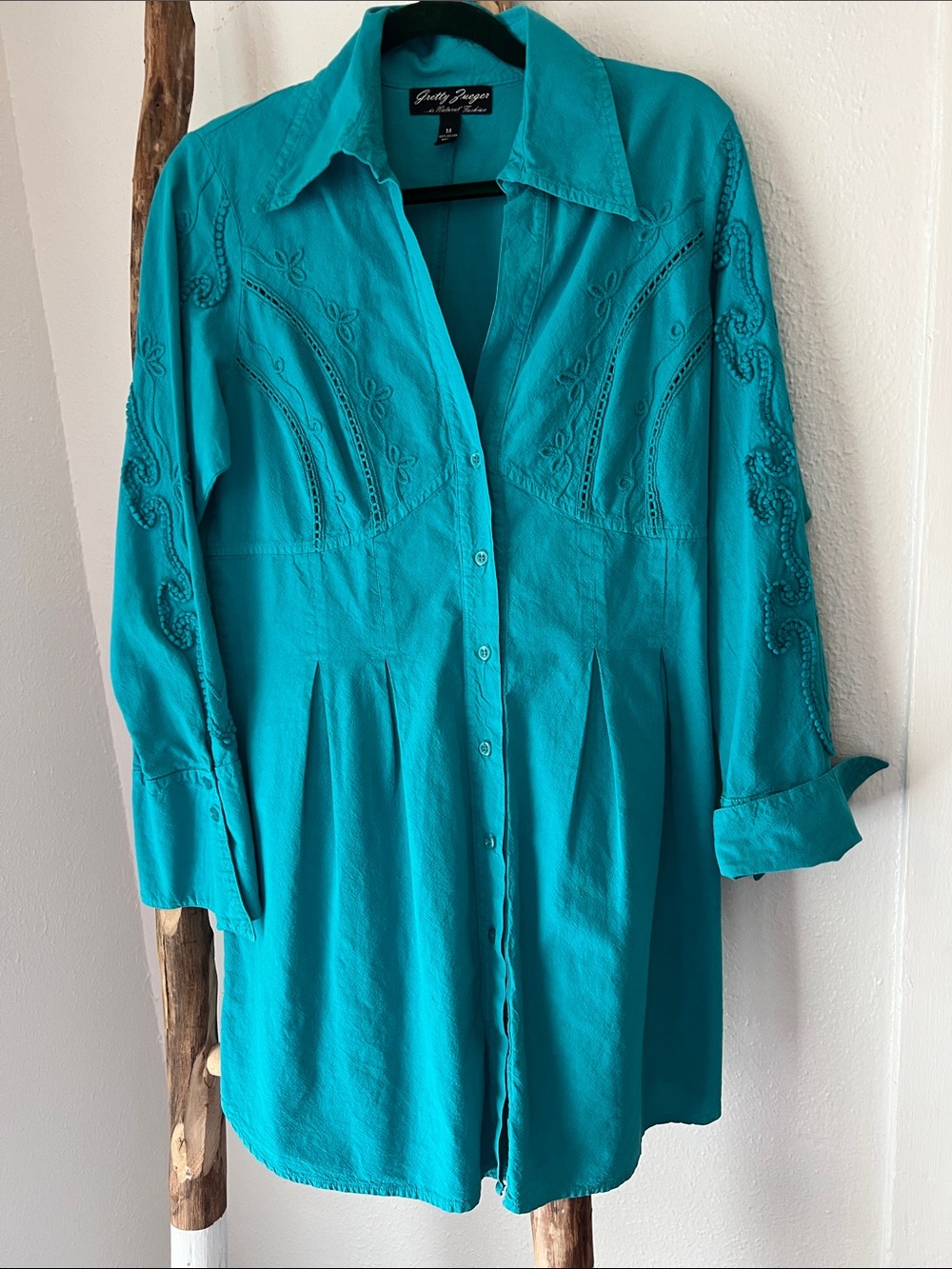 Gretty Zueger Turquoise Embroidered Western Cotton Button-Front Mini Shirt Dress